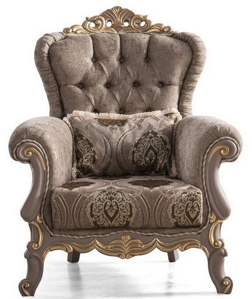 Casa Padrino Sessel Luxus Barock Sessel Braun / Grau / Gold 77 x 90 x H. 109 cm - Wohnzimmer Sessel mit dekorativem Kissen - Edle Barock Möbel von Casa Padrino