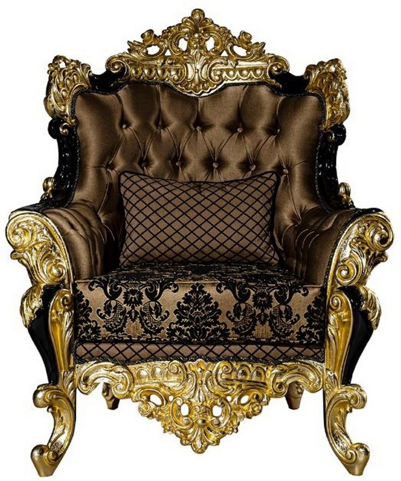 Casa Padrino Sessel Luxus Barock Sessel Braun / Schwarz / Gold 96 x 90 x H. 120 cm - Prunkvoller Wohnzimmer Sessel mit dekorativem Kissen - Edle Barock Möbel von Casa Padrino