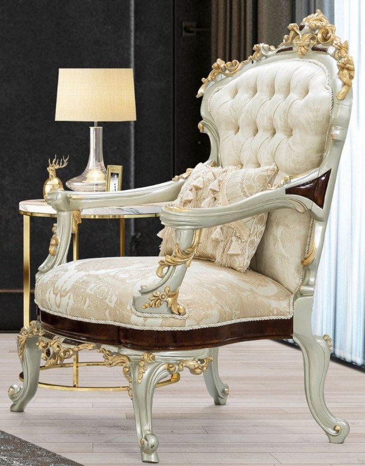 Casa Padrino Sessel Luxus Barock Sessel Creme / Beige / Dunkelbraun / Silber / Gold 83 x 80 x H. 125 cm - Prunkvoller Barockstil Wohnzimmer Sessel mit elegantem Muster - Barock Möbel von Casa Padrino
