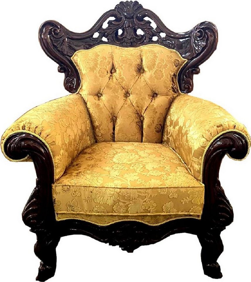 Casa Padrino Sessel Luxus Barock Sessel Gold / Dunkelbraun - Prunkvoller Wohnzimmer Sessel mit elegantem Muster - Barock Möbel von Casa Padrino