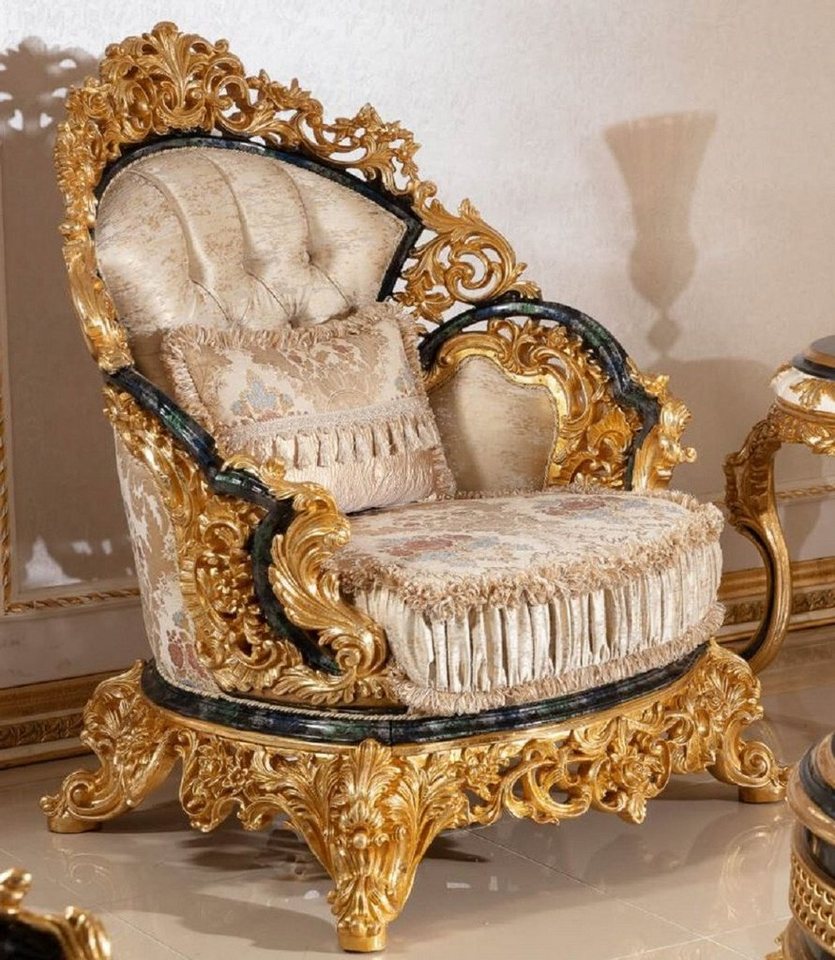 Casa Padrino Sessel Luxus Barock Sessel Gold / Mehrfarbig / Blau / Gold - Prunkvoller Wohnzimmer Sessel mit elegantem Muster - Barock Wohnzimmer Möbel - Edel & Prunkvoll von Casa Padrino