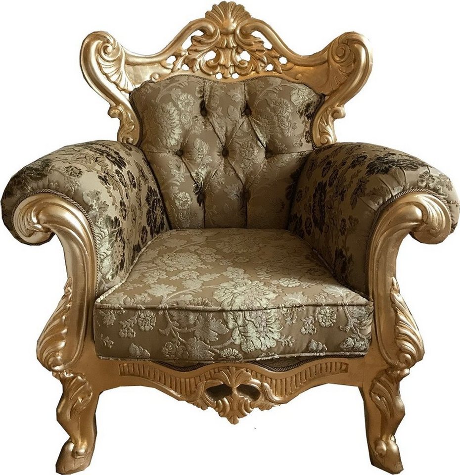 Casa Padrino Sessel Luxus Barock Sessel Gold Muster / Gold - Prunkvoller Wohnzimmer Sessel mit elegantem Blumenmuster - Barock Möbel von Casa Padrino