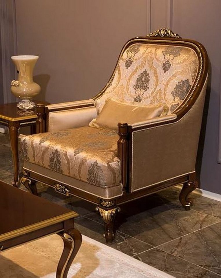 Casa Padrino Sessel Luxus Barock Sessel Grau / Braun / Gold 83 x 80 x H. 110 cm - Wohnzimmer Sessel mit elegantem Muster und dekorativem Kissen - Edle Wohnzimmer Möbel im Barockstil von Casa Padrino