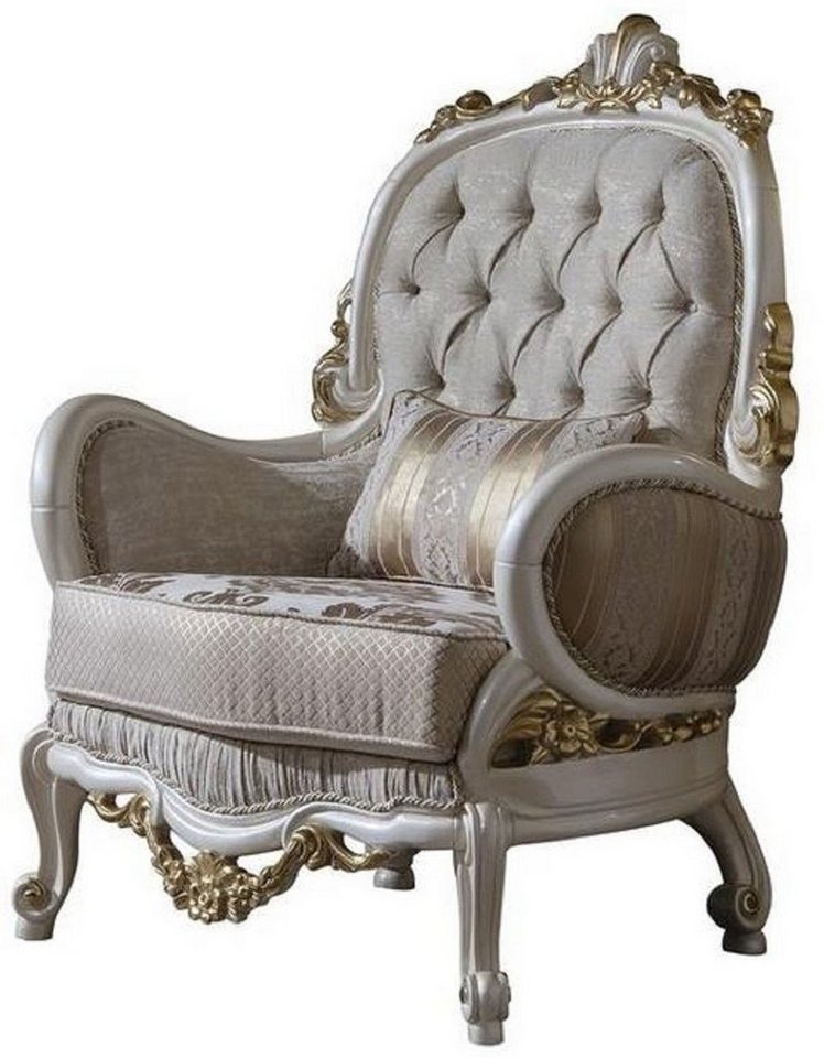 Casa Padrino Sessel Luxus Barock Sessel Grau / Weiß / Gold 80 x 85 x H. 120 cm - Prunkvoller Wohnzimmer Sessel mit dekorativem Kissen - Barock Möbel von Casa Padrino