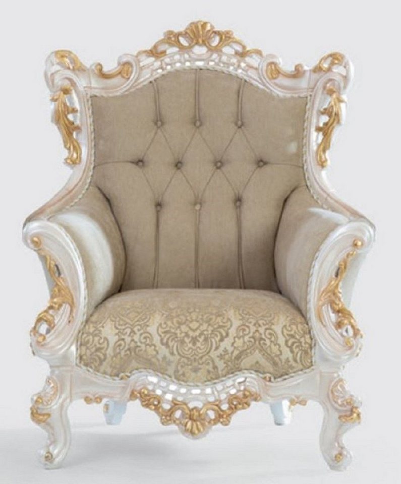 Casa Padrino Sessel Luxus Barock Sessel Greige / Weiß / Gold 100 x 80 x H. 125 cm - Handgefertigter Wohnzimmer Sessel mit elegantem Muster - Barock Wohnzimmer Möbel - Edel & Prunkvoll von Casa Padrino