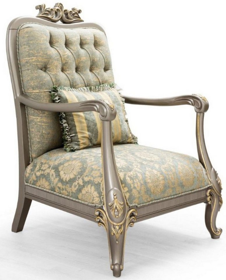 Casa Padrino Sessel Luxus Barock Sessel Grün / Gold / Grau / Gold 76 x 87 x H. 117 cm - Prunkvoller Barockstil Wohnzimmer Sessel mit elegantem Muster - Barock Möbel von Casa Padrino