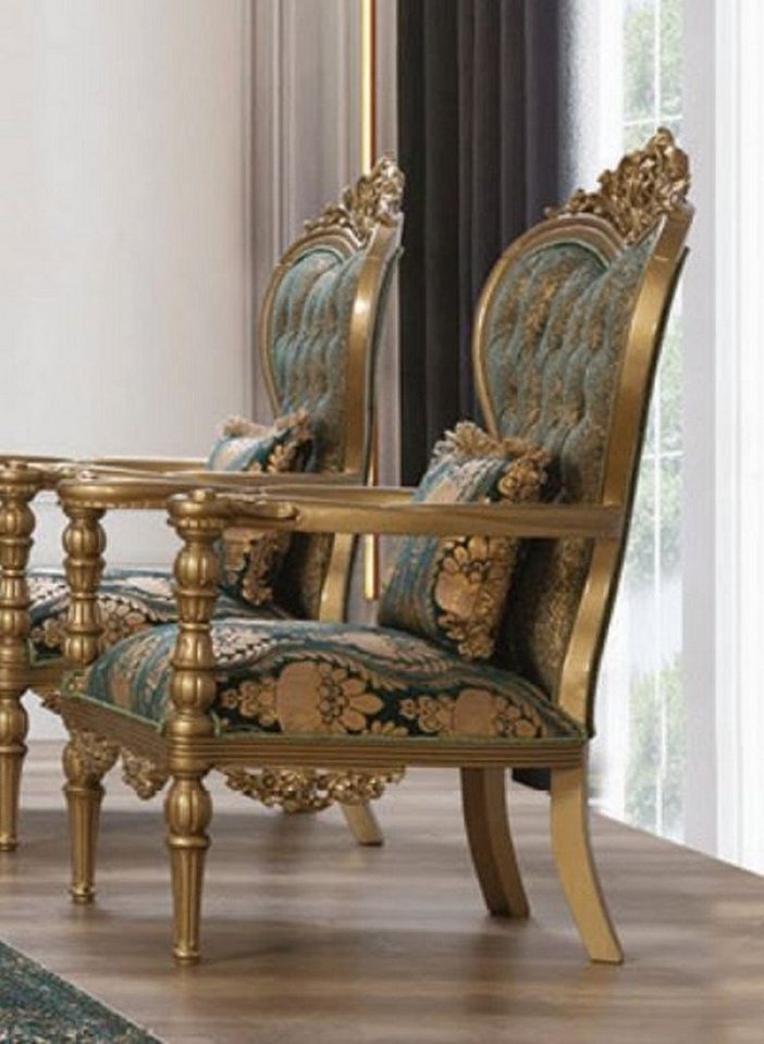 Casa Padrino Sessel Luxus Barock Sessel Grün / Gold - Prunkvoller Wohnzimmer Sessel mit elegantem Muster und dekorativem Kissen - Barock Wohnzimmer Möbel von Casa Padrino