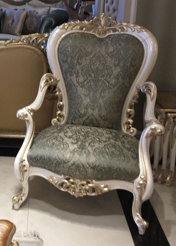 Casa Padrino Sessel Luxus Barock Sessel Grün / Weiß / Gold - Handgefertigter Wohnzimmer Sessel mit elegantem Muster - Barock Wohnzimmer Möbel - Edel & Prunkvoll von Casa Padrino