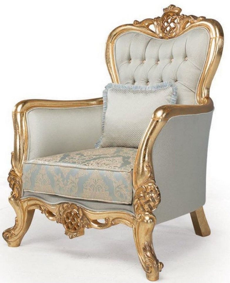 Casa Padrino Sessel Luxus Barock Sessel Hellblau / Türkis / Gold 93 x 73 x H. 120 cm - Wohnzimmer Sessel mit dekorativem Kissen - Barock Wohnzimmermöbel von Casa Padrino