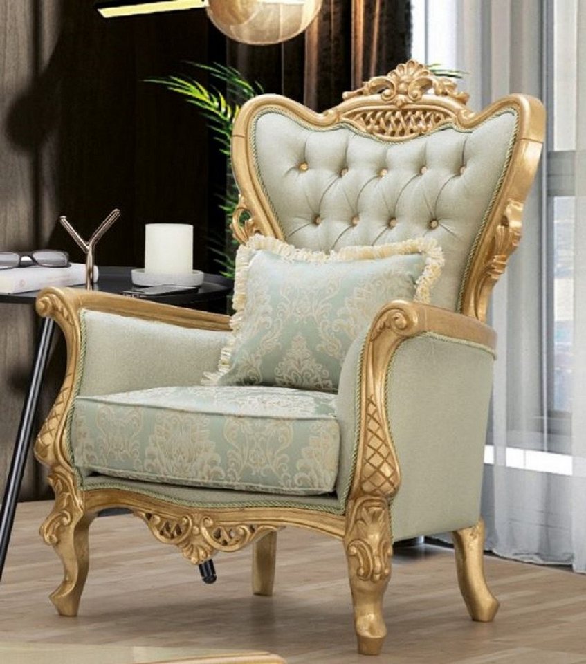 Casa Padrino Sessel Luxus Barock Sessel Hellgrün / Gold - Handgefertigter Wohnzimmer Sessel mit elegantem Muster und Glitzersteinen - Barock Wohnzimmer Möbel - Edel & Prunkvoll von Casa Padrino