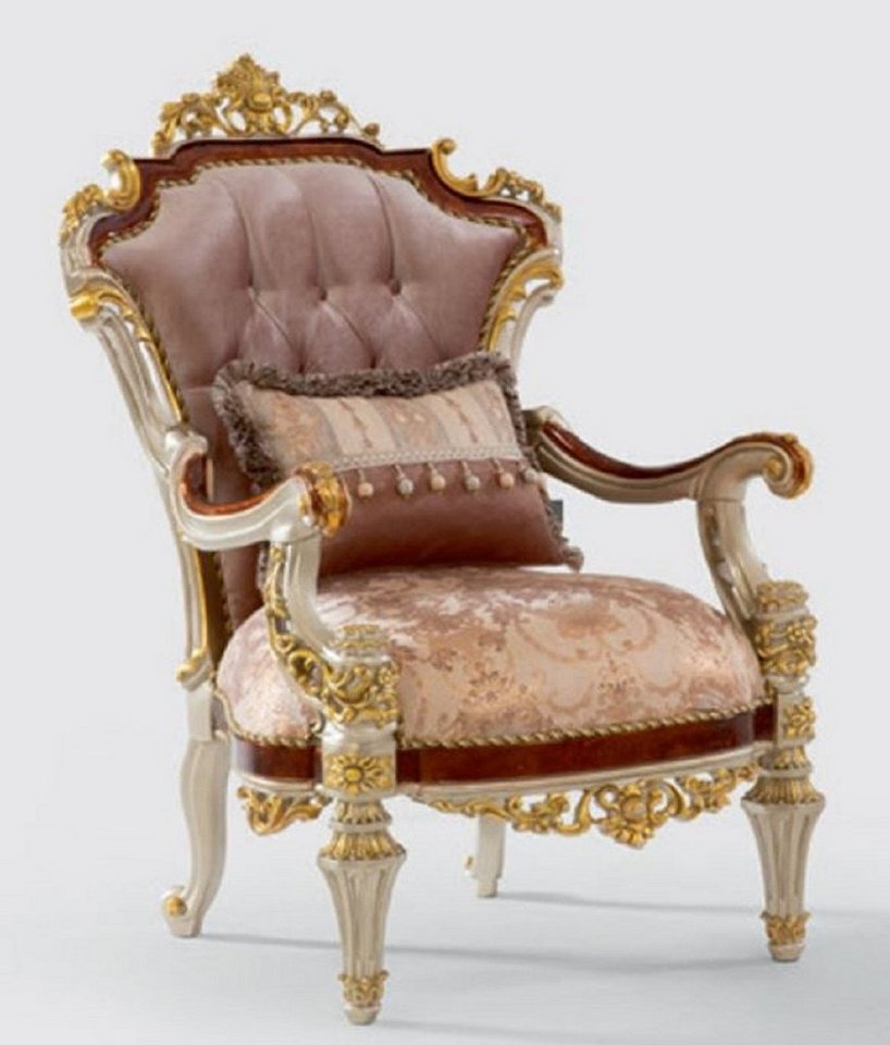 Casa Padrino Sessel Luxus Barock Sessel Rosa / Braun / Silber / Gold 78 x 70 x H. 116 cm - Prunkvoller Wohnzimmer Sessel mit elegantem Muster - Barock Möbel von Casa Padrino