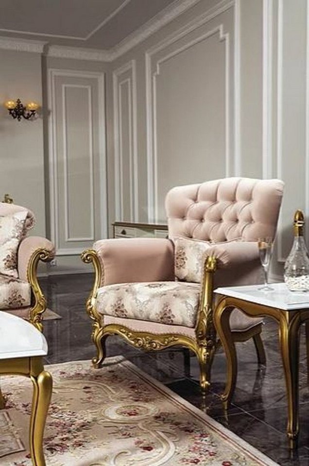 Casa Padrino Sessel Luxus Barock Sessel Rosa / Gold 93 x 75 x H. 108 cm - Wohnzimmer Sessel mit elegantem Muster und dekorativem Kissen - Barock Möbel von Casa Padrino