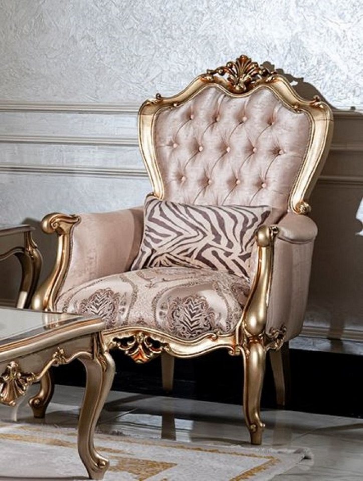 Casa Padrino Sessel Luxus Barock Sessel Rosa / Schwarz / Gold - Eleganter Wohnzimmer Sessel mit Muster und dekorativem Kissen - Barock Wohnzimmer Möbel von Casa Padrino