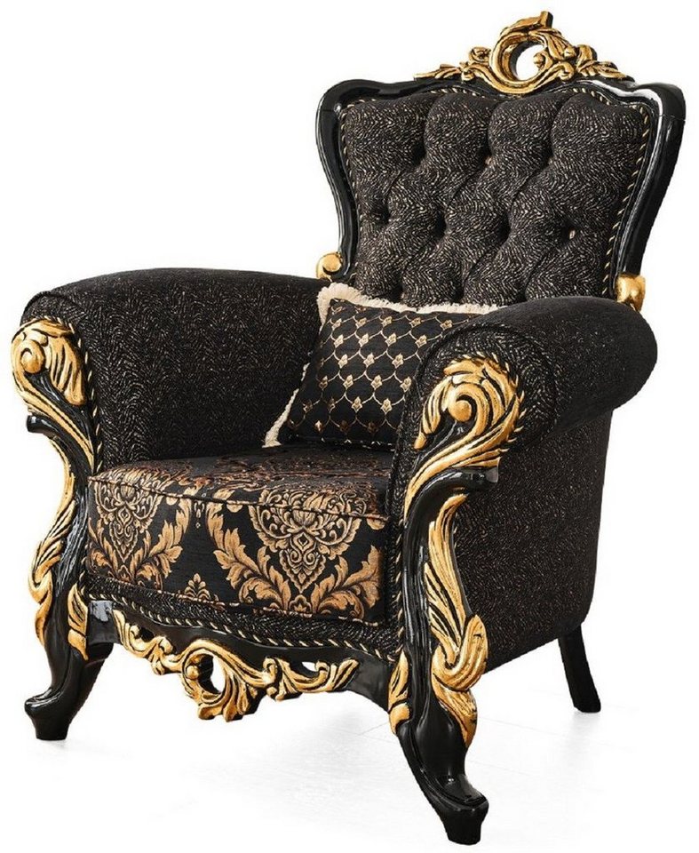 Casa Padrino Sessel Luxus Barock Sessel Schwarz / Gold 103 x 80 x H. 126 cm - Prunkvoller Wohnzimmer Sessel mit Muster und dekorativem Kissen - Barock Wohnzimmer Möbel von Casa Padrino