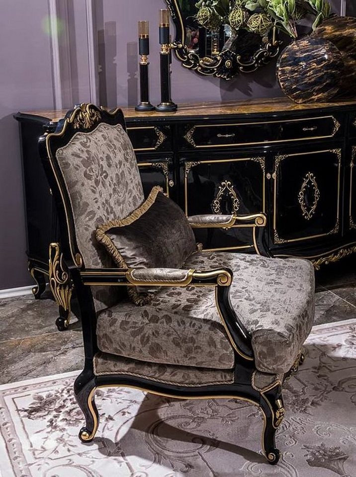 Casa Padrino Sessel Luxus Barock Sessel Silber / Schwarz / Gold 80 x 72 x H. 111 cm - Prunkvoller Wohnzimmer Sessel mit dekorativem Kissen - Edel & Prunkvoll von Casa Padrino