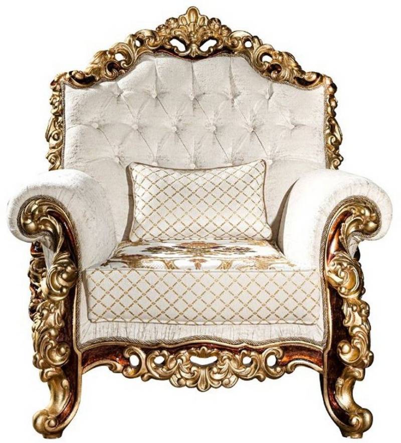 Casa Padrino Sessel Luxus Barock Sessel Weiß / Gold / Braun / Gold 78 x 75 x H. 120 cm - Prunkvoller Wohnzimmer Sessel mit dekorativem Kissen - Barock Möbel von Casa Padrino