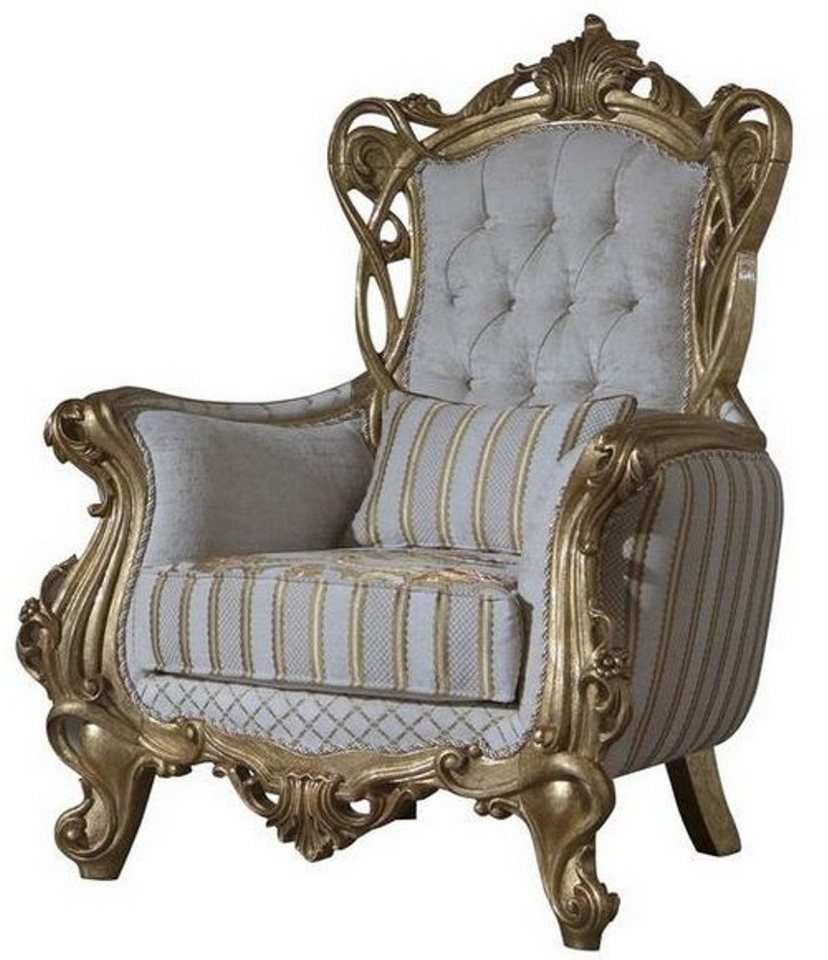 Casa Padrino Sessel Luxus Barock Sessel Weiß / Gold 100 x 80 x H. 124 cm - Wohnzimmer Sessel mit elegantem Muster und dekorativem Kissen - Barock Möbel - Edel & Prunkvoll von Casa Padrino