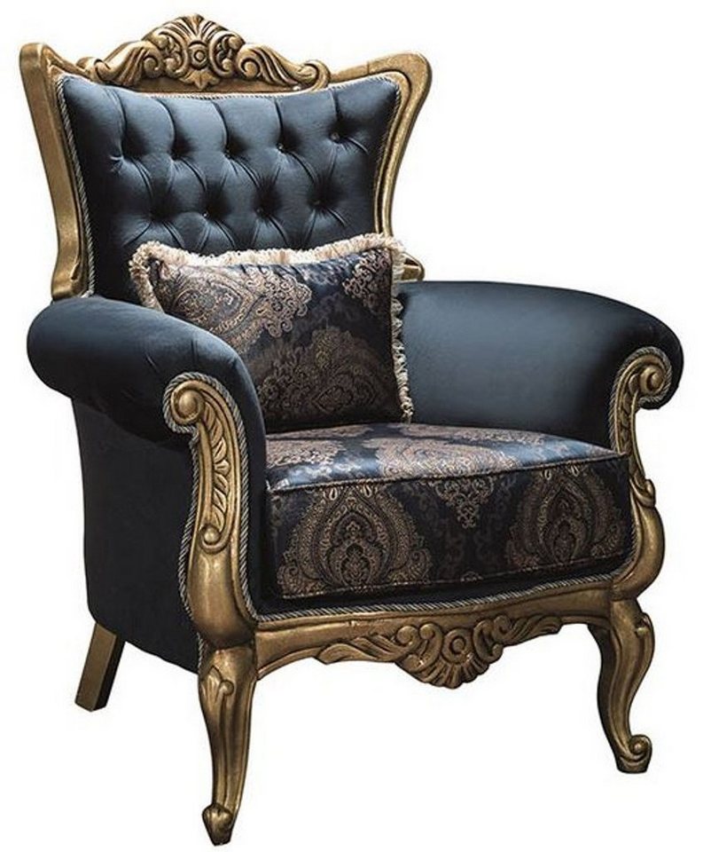 Casa Padrino Sessel Luxus Barock Sessel mit Glitzersteinen und dekorativem Kissen Blau / Gold 90 x 85 x H. 110 cm - Barock Möbel von Casa Padrino