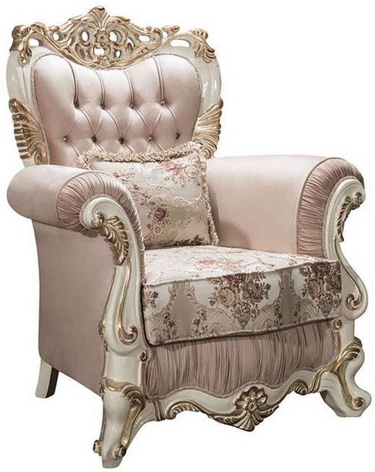 Casa Padrino Sessel Luxus Barock Sessel mit Glitzersteinen und dekorativem Kissen Rosa / Weiß / Gold 106 x 90 x H. 110 cm - Wohnzimmer Möbel im Barockstil von Casa Padrino