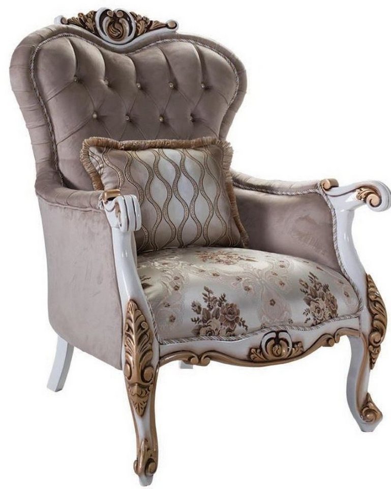 Casa Padrino Sessel Luxus Barock Sessel mit Kissen Grau / Mehrfarbig / Weiß / Bronze 85 x 76 x H. 110 cm - Wohnzimmer Sessel mit Blumenmuster und wunderschönen Verzierungen von Casa Padrino