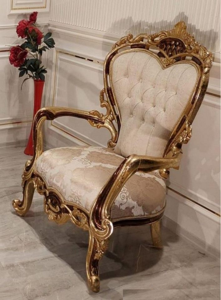 Casa Padrino Sessel Luxus Barock Wohnzimmer Sessel Cremefarben / Braun / Gold - Prunkvoller Sessel mit elegantem Muster - Handgefertigte Barock Wohnzimmer Möbel von Casa Padrino