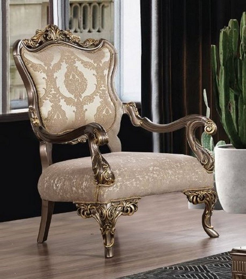 Casa Padrino Sessel Luxus Barock Wohnzimmer Sessel Grau / Beige / Silber / Gold - Prunkvoller Sessel mit Muster - Handgefertigte Barock Wohnzimmer Möbel von Casa Padrino