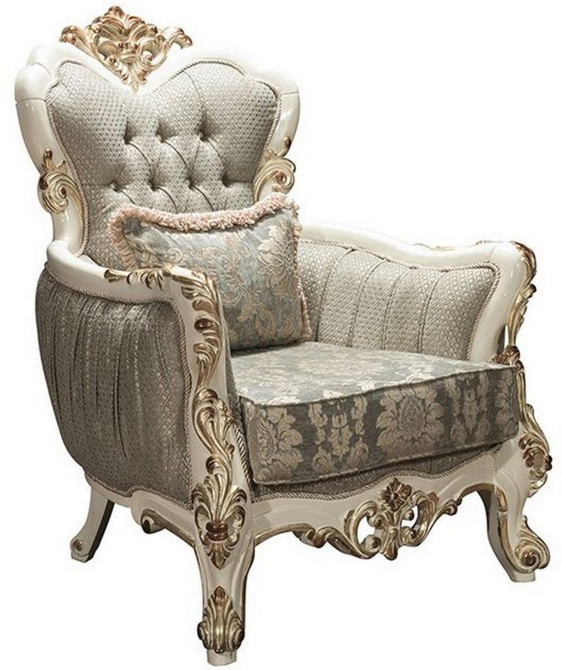 Casa Padrino Sessel Luxus Barock Wohnzimmer Sessel Grau / Weiß / Gold 90 x 85 x H. 115 cm - Prunkvoller Sessel mit Glitzersteinen und dekorativem Kissen - Edle Barockmöbel von Casa Padrino