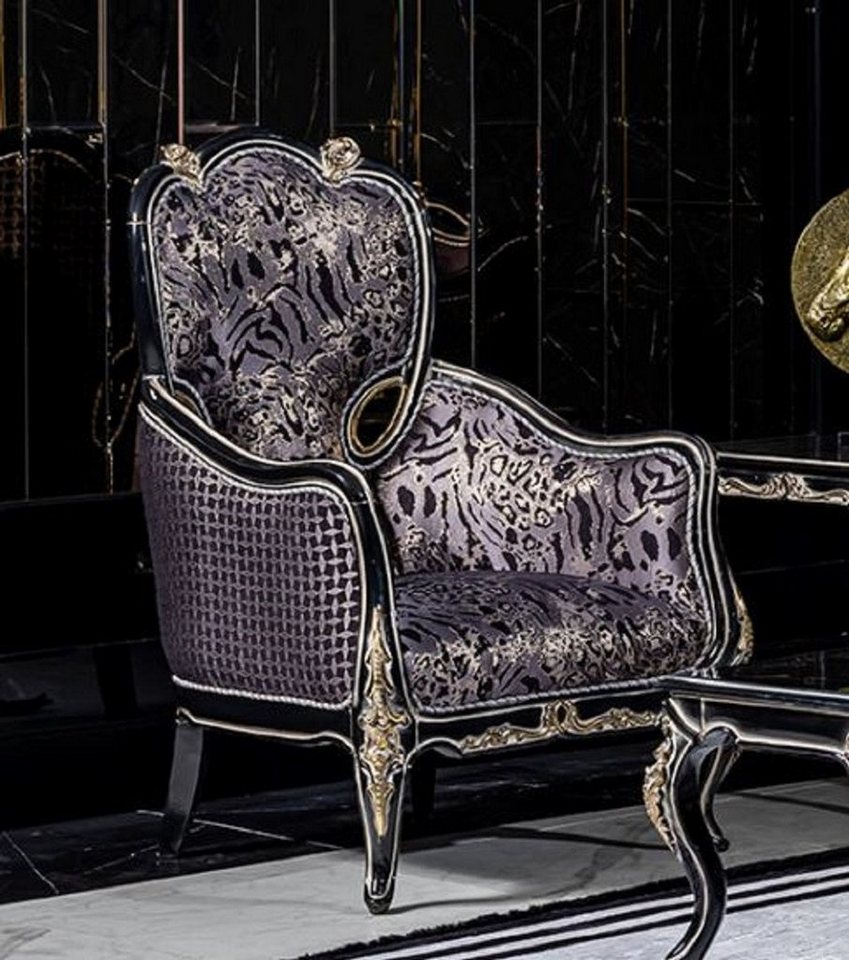 Casa Padrino Sessel Luxus Barock Wohnzimmer Sessel Lila / Schwarz / Gold - Handgefertigter Barockstil Sessel mit elegantem Muster - Barock Wohnzimmer Möbel von Casa Padrino