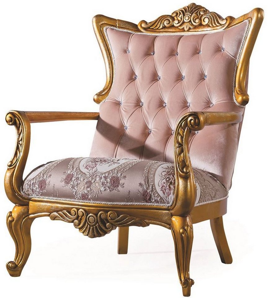 Casa Padrino Sessel Luxus Barock Wohnzimmer Sessel mit Glitzersteinen Rosa / Gold 90 x 85 x H. 110 cm - Wohnzimmermöbel im Barockstil von Casa Padrino