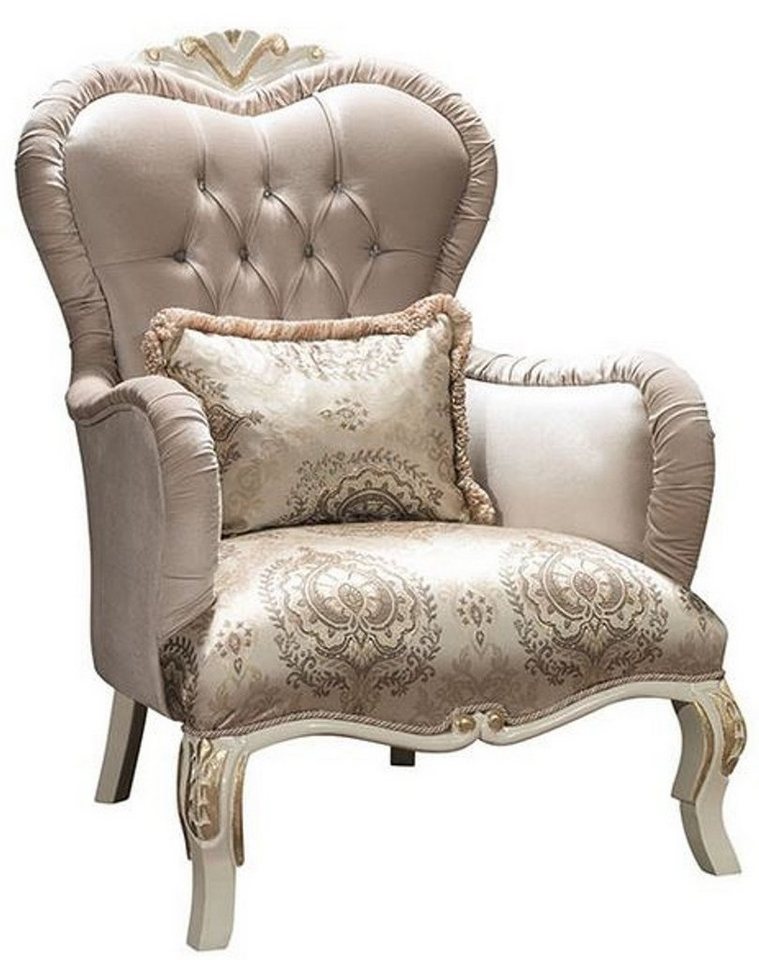 Casa Padrino Sessel Luxus Barock Wohnzimmer Sessel mit Glitzersteinen und dekorativem Kissen Grau / Creme / Gold 90 x 85 x H. 110 cm - Edle Barockstil Möbel von Casa Padrino