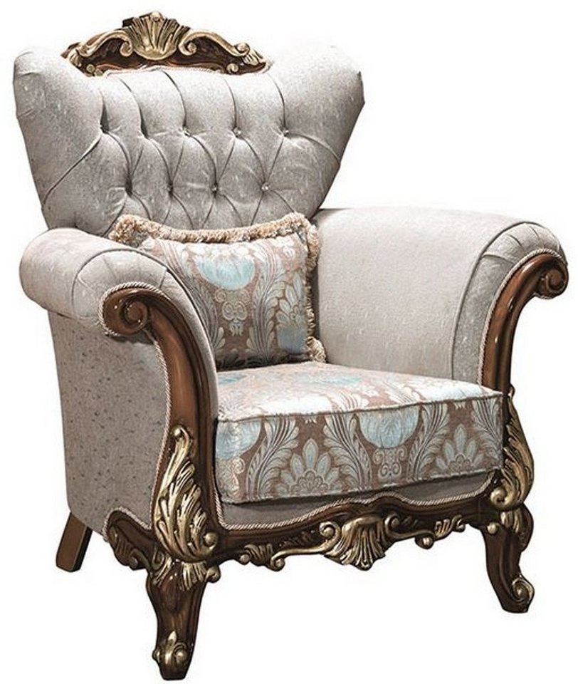 Casa Padrino Sessel Luxus Barock Wohnzimmer Sessel mit Glitzersteinen und dekorativem Kissen Silbergrau / Braun / Gold 112 x 83 x H. 115 cm - Barock Möbel von Casa Padrino