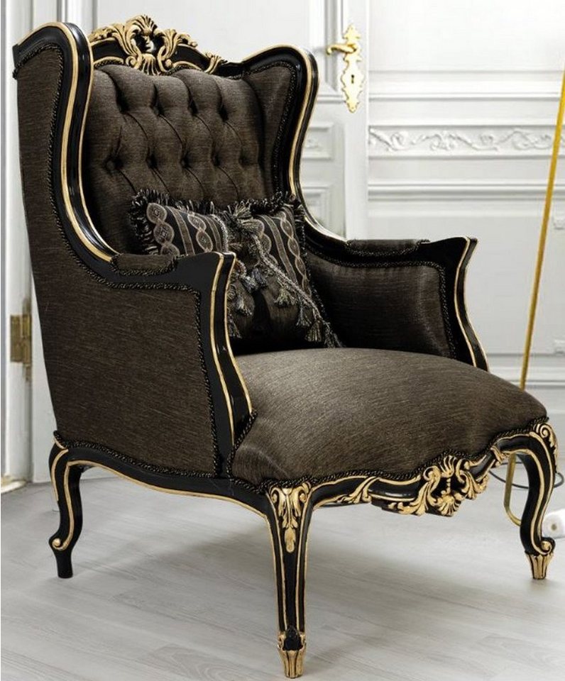 Casa Padrino Sessel Luxus Barock Wohnzimmer Sessel mit Kissen Grau / Schwarz / Gold 75 x 83 x H. 115 cm - Barock Möbel - Edel & Prunkvoll von Casa Padrino