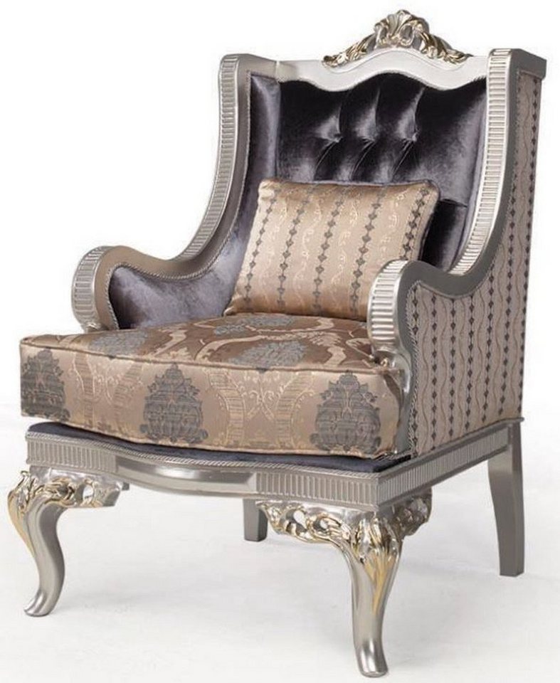 Casa Padrino Sessel Luxus Barock Wohnzimmer Sessel mit Kissen Lila / Beige / Silber / Gold 86 x 90 x H. 110 cm - Barockmöbel von Casa Padrino