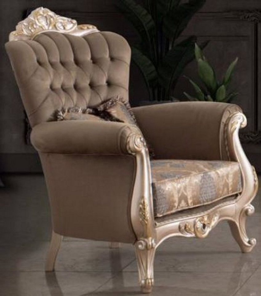 Casa Padrino Sessel Luxus Barock Wohnzimmer Sessel mit Kissen Taupe / Bronze / Gold 95 x 75 x H. 120 cm - Barock Möbel von Casa Padrino