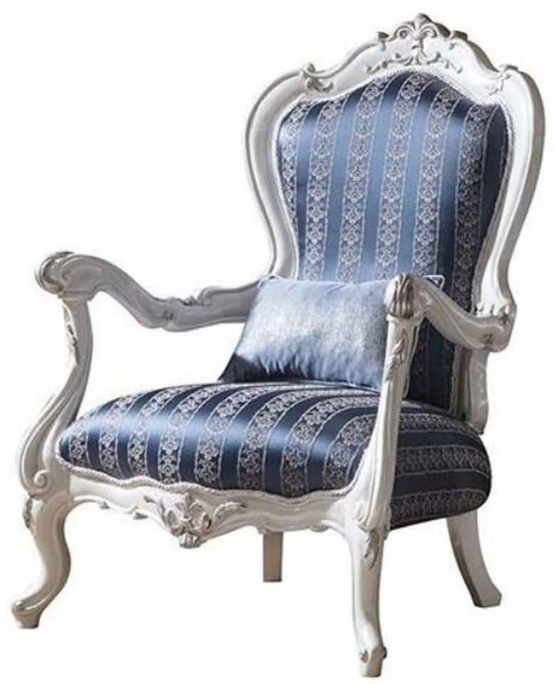 Casa Padrino Sessel Luxus Barock Wohnzimmer Sessel mit dekorativem Kissen Blau / Weiß / Silber 80 x 75 x H. 120 cm - Prunkvolle Barock Möbel von Casa Padrino