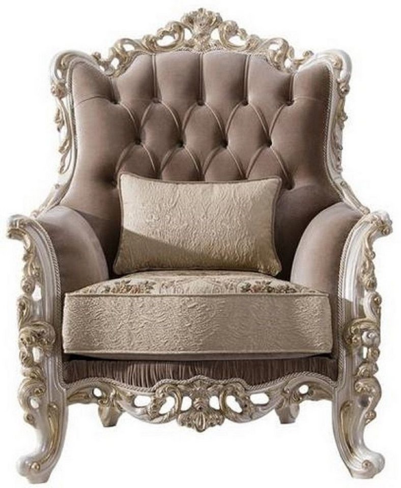 Casa Padrino Sessel Luxus Barock Wohnzimmer Sessel mit dekorativem Kissen Braun / Beige / Weiß / Gold 97 x 90 x H. 120 cm - Edle Barock Wohnzimmer Möbel von Casa Padrino