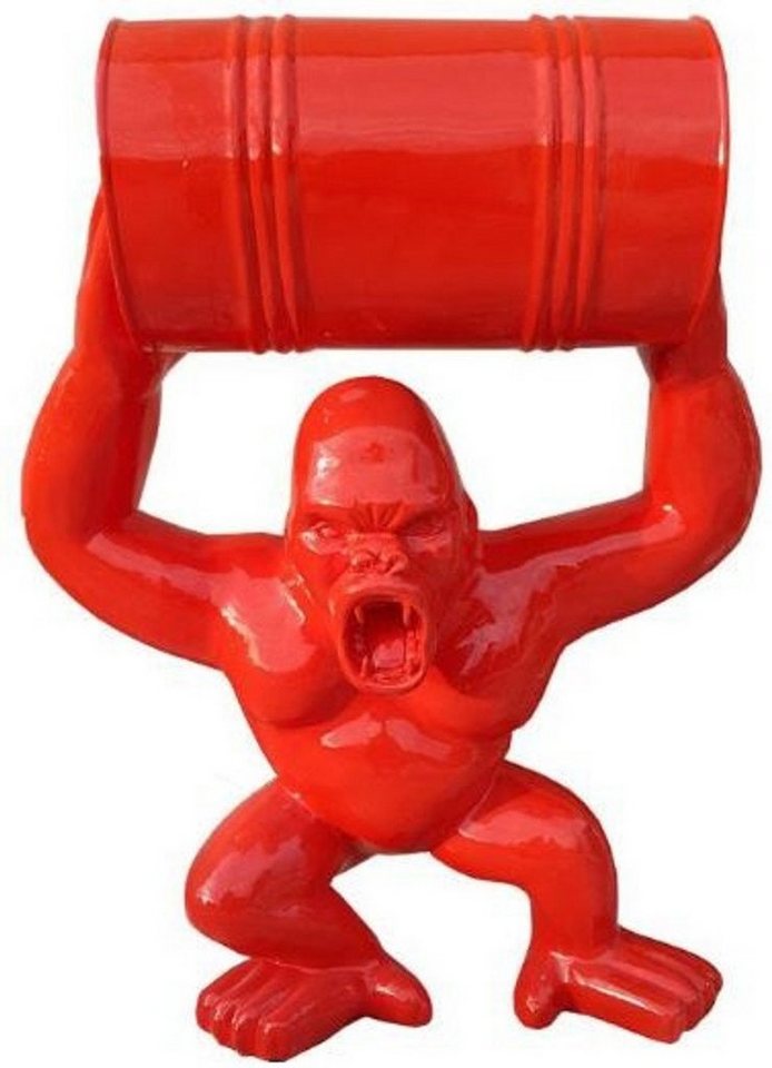 Casa Padrino Skulptur Designer Deko Skulptur Gorilla Affe mit Fass Rot H. 100 cm - Wetterbeständige Dekofigur - Designer Deko Tierfigur von Casa Padrino