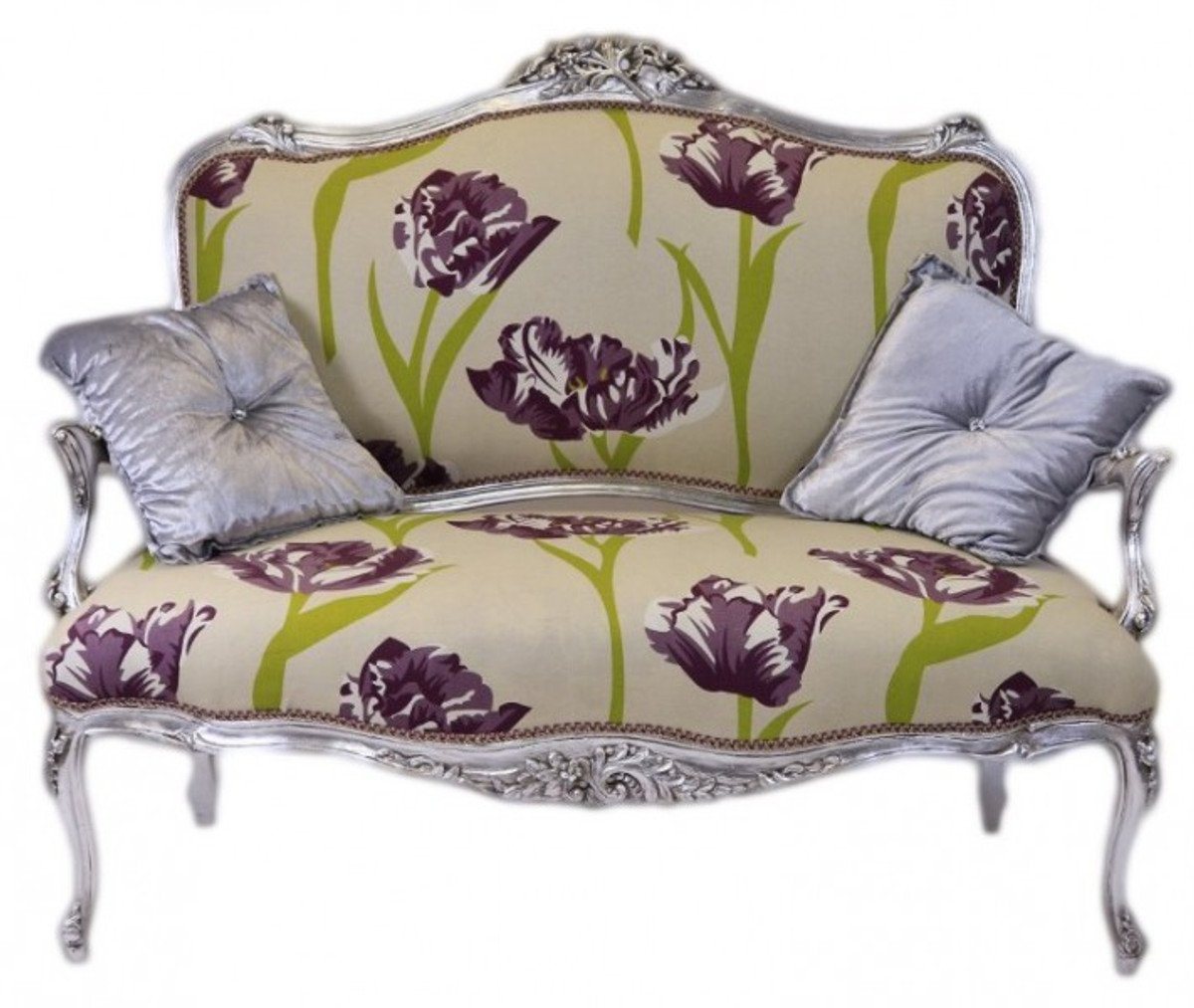 Casa Padrino Sofa Barock Creme Blumen Muster / Silber - italienischer Stil - Barock Möbel von Casa Padrino