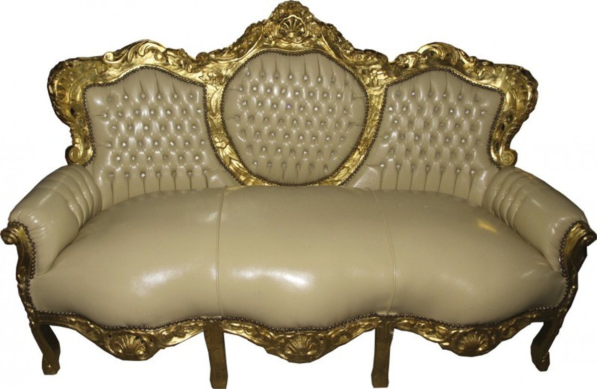 Casa Padrino Sofa Barock Sofa Garnitur Creme / Gold Lederoptik Bling Bling - Möbel Antik Stil von Casa Padrino