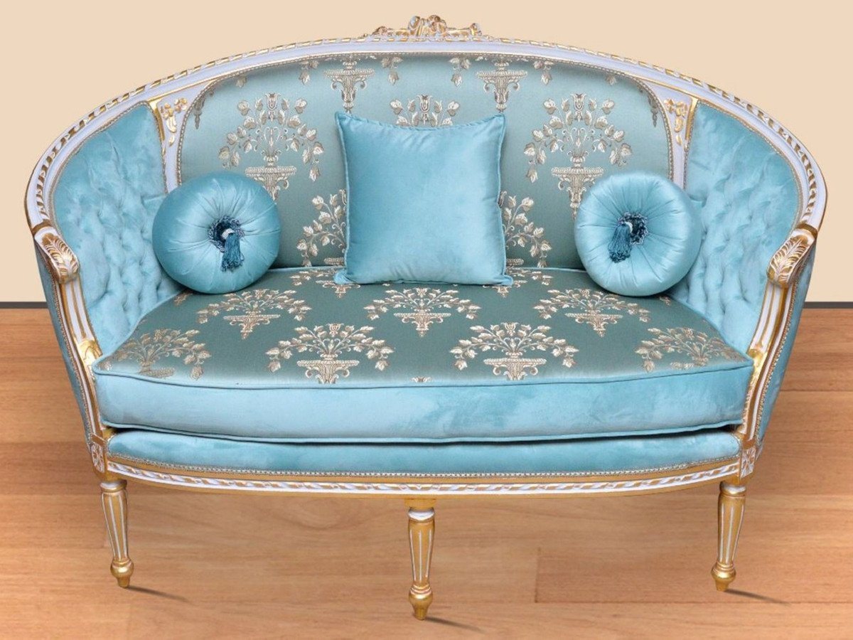 Casa Padrino Sofa Barock Sofa Türkis Muster / Weiß / Gold - Handgefertigtes Wohnzimmer Sofa im Barockstil - Prunkvolle Barock Wohnzimmer Möbel von Casa Padrino