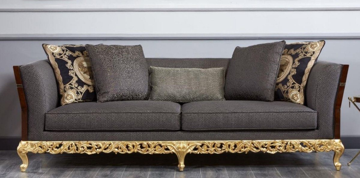 Casa Padrino Sofa Casa Padrino Luxus Barock Sofa Grau / Dunkelbraun / Gold - Prunkvolles Wohnzimmer Sofa - Barockstil Wohnzimmer Möbel - Luxus Möbel im Barockstil - Barock Einrichtung - Edel & Prunkvoll von Casa Padrino