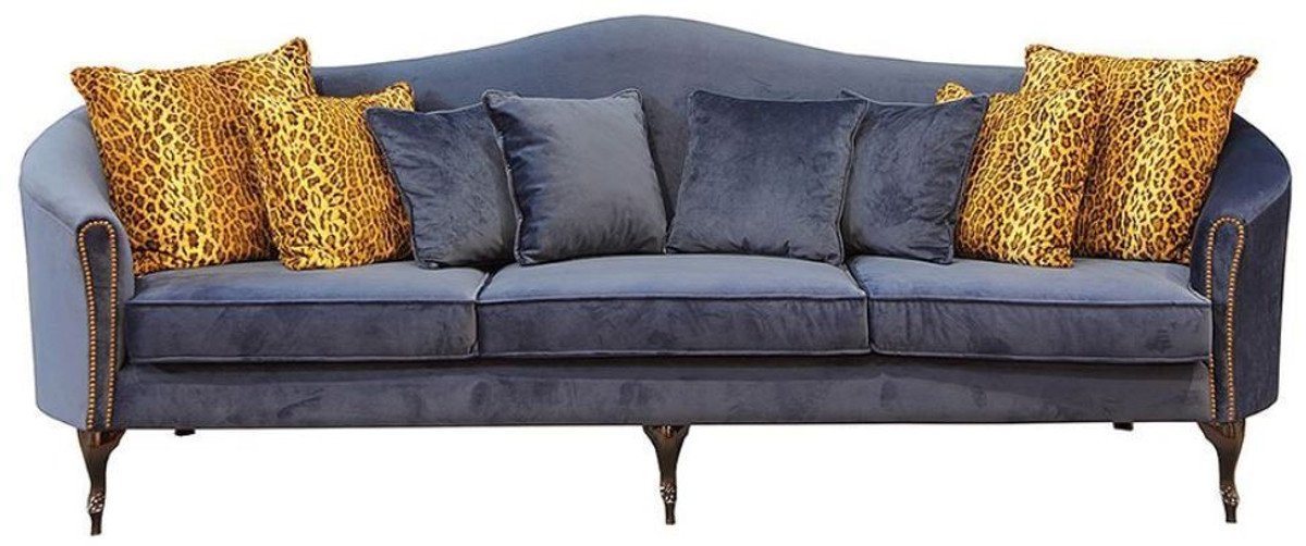 Casa Padrino Sofa Luxus Barock Samt Sofa Blau / Dunkelbraun 280 x 90 x H. 100 cm - Edles Wohnzimmer Sofa mit dekorativen Kissen - Barock Wohnzimmer Möbel - Luxus Qualität von Casa Padrino