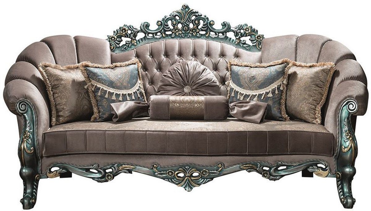 Casa Padrino Sofa Luxus Barock Samt Sofa Grau / Grün / Gold 225 x 95 x H. 115 cm - Prunkvolles Wohnzimmer Sofa mit Glitzersteinen und dekorativen Kissen von Casa Padrino