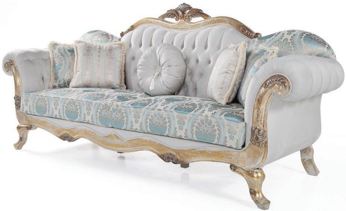 Casa Padrino Sofa Luxus Barock Samt Sofa mit Kissen Grau / Türkis / Antik Gold 252 x 82 x H. 115 cm - Wohnzimmer Möbel im Barockstil von Casa Padrino