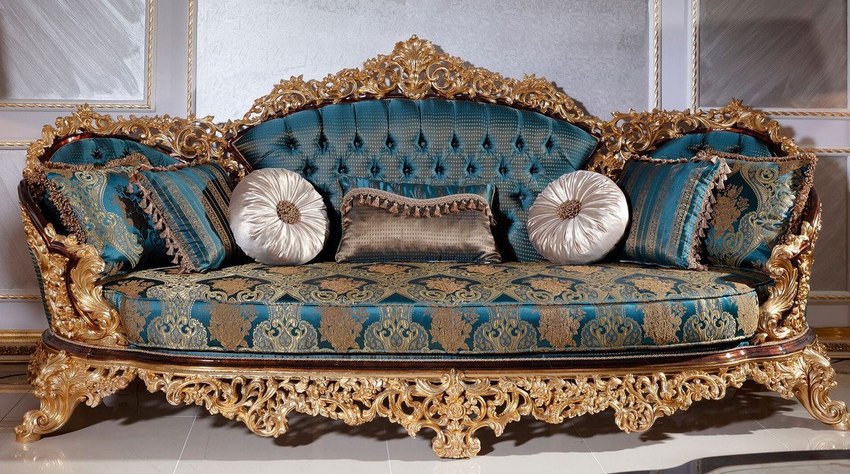 Casa Padrino Sofa Luxus Barock Sofa Blau / Beige / Braun / Gold - Prunkvolles Wohnzimmer Sofa mit elegantem Muster - Barock Wohnzimmer Möbel - Edel & Prunkvoll von Casa Padrino