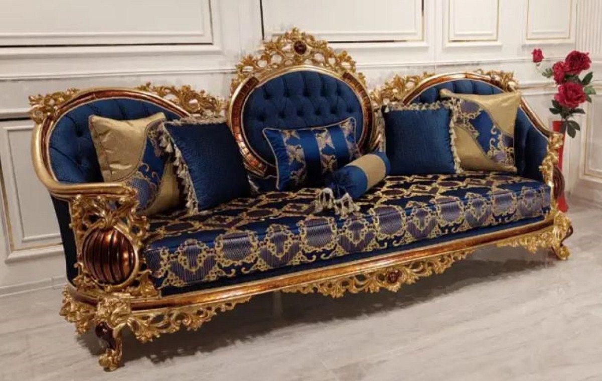 Casa Padrino Sofa Luxus Barock Sofa Blau / Gold / Braun - Prunkvolles Wohnzimmer Sofa mit elegantem Muster - Barock Wohnzimmer Möbel von Casa Padrino