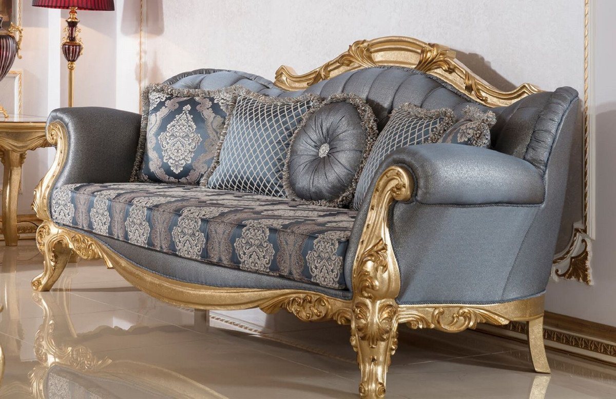 Casa Padrino Sofa Luxus Barock Sofa Blau / Gold - Handgefertigtes Barockstil Wohnzimmer Sofa mit elegantem Muster - Barock Wohnzimmer Möbel - Edel & Prunkvoll von Casa Padrino