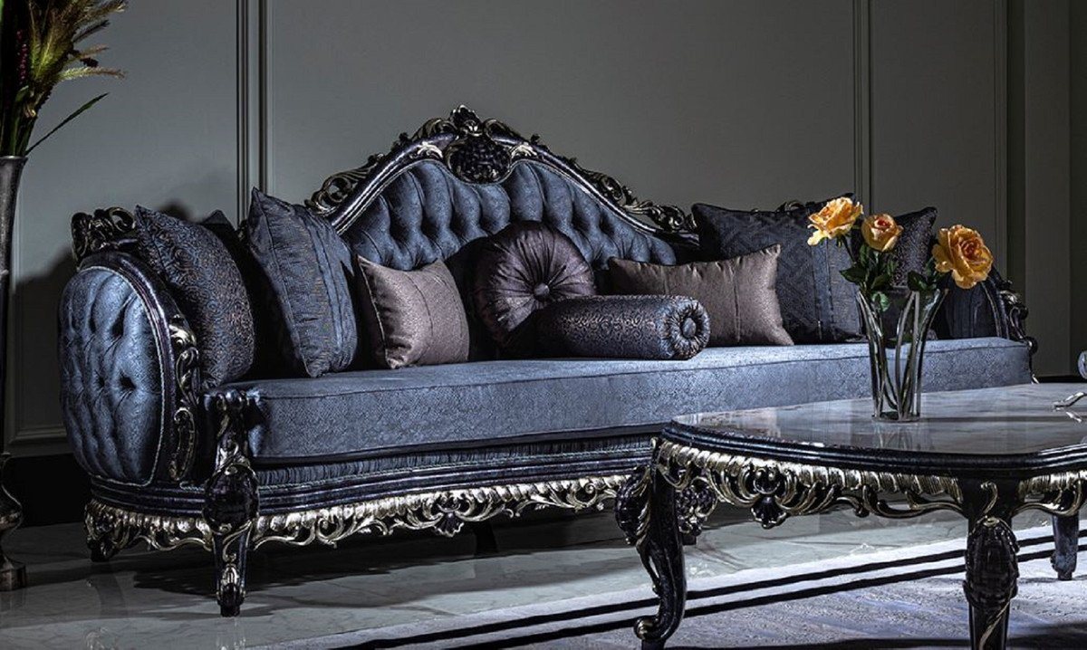 Casa Padrino Sofa Luxus Barock Sofa Blau / Gold - Handgefertigtes Wohnzimmer Sofa mit elegantem Muster und dekorativen Kissen - Prunkvolle Wohnzimmer Möbel im Barockstil von Casa Padrino