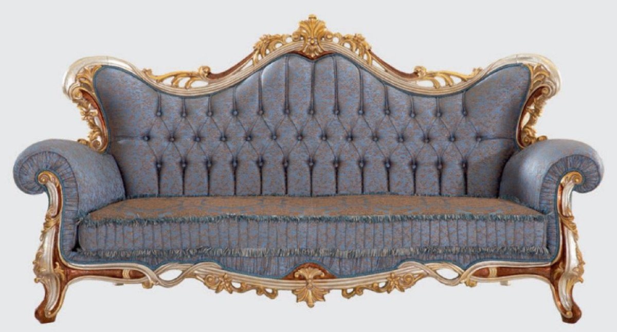 Casa Padrino Sofa Luxus Barock Sofa Blau / Kupfer / Silber / Braun / Gold 255 x 100 x H. 128 cm - Prunkvolles Wohnzimmer Sofa mit elegantem Muster - Möbel im Barockstil von Casa Padrino