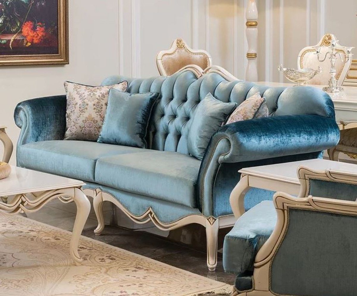 Casa Padrino Sofa Luxus Barock Sofa Blau / Weiß 225 x 87 x H. 101 cm - Wohnzimmer Sofa mit dekorativen Kissen - Wohnzimmer Möbel im Barockstil von Casa Padrino